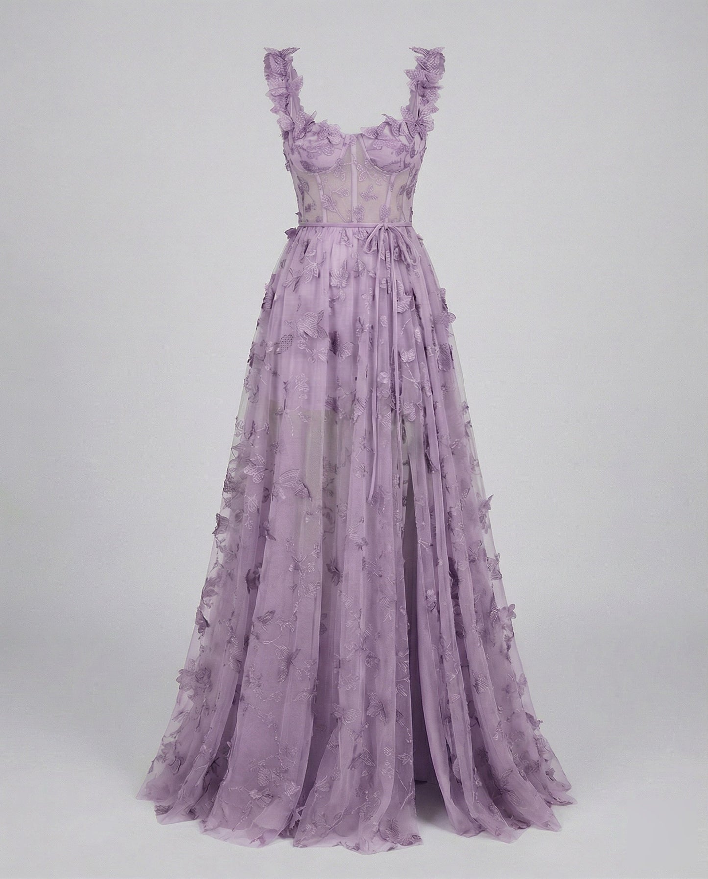 Women Corset Maxi Dress Tulle Leg Slit Leaf Design - Violet colorway