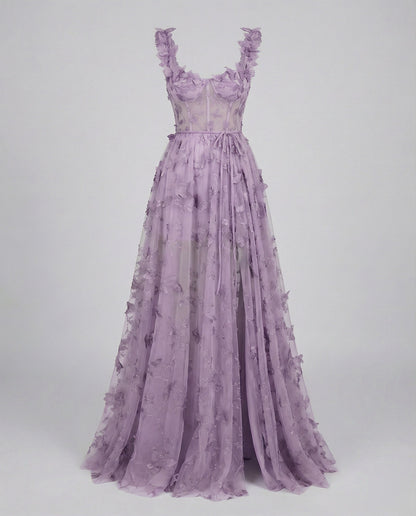 Women Corset Maxi Dress Tulle Leg Slit Leaf Design - Violet colorway
