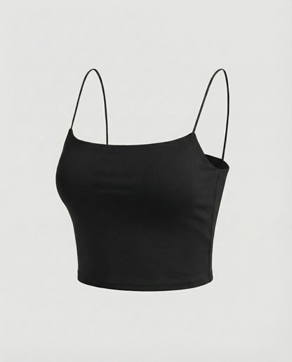 Women Elastic Plain Jersey Spaghetti Top - Black colorway