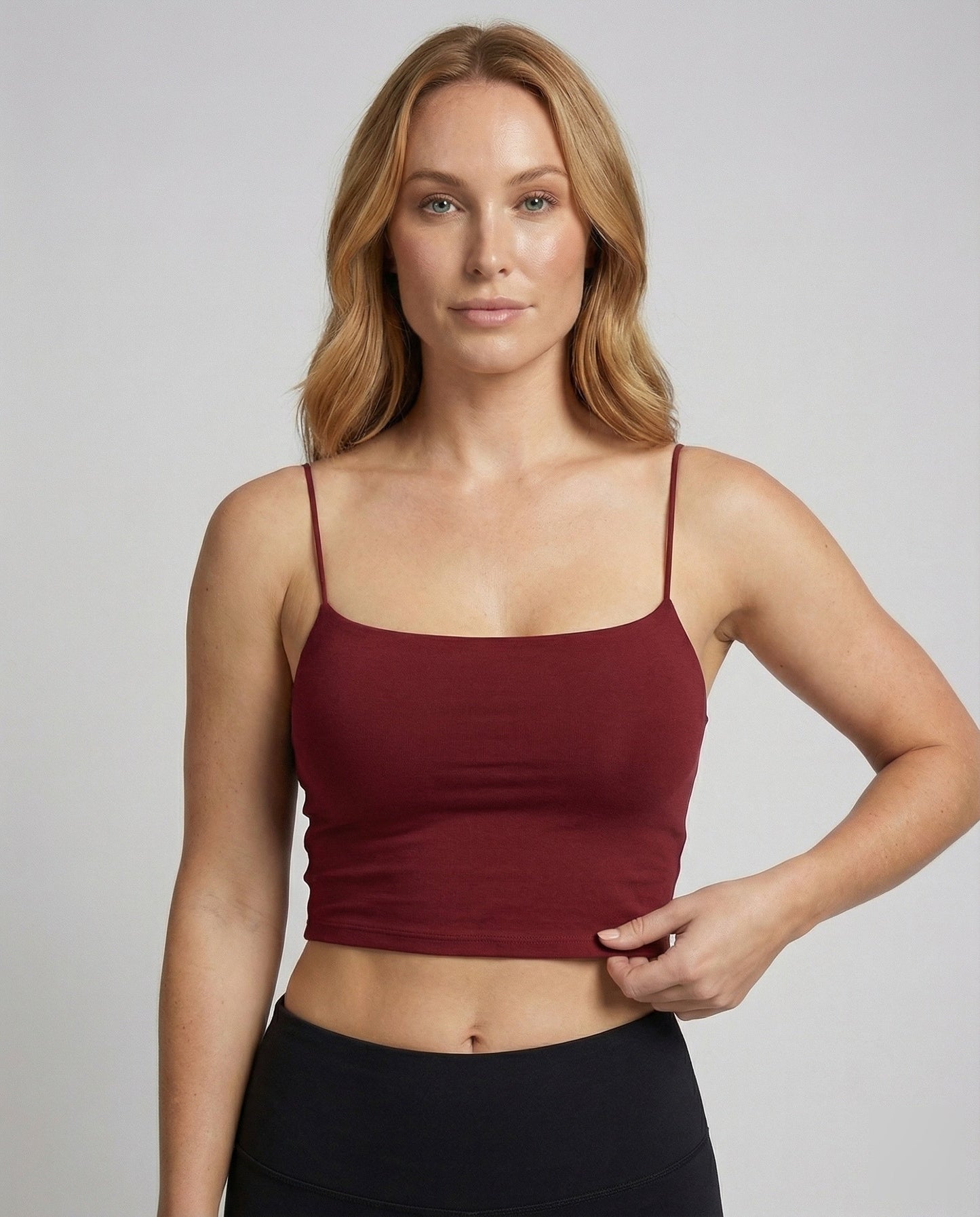 Women Elastic Plain Jersey Spaghetti Top - upper body detail