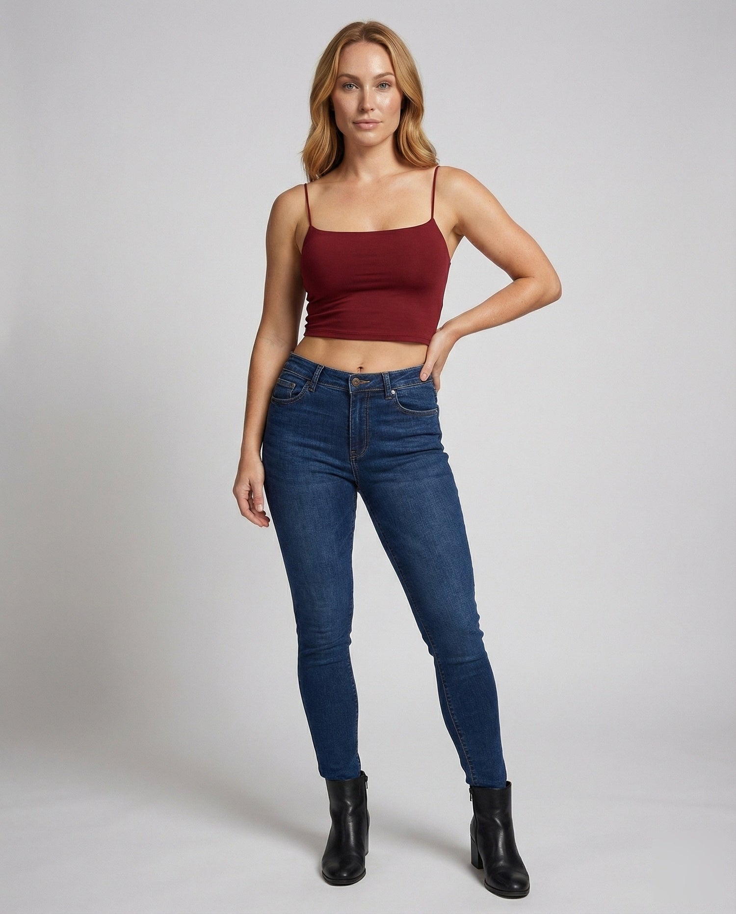 Women Elastic Plain Jersey Spaghetti Top - front view