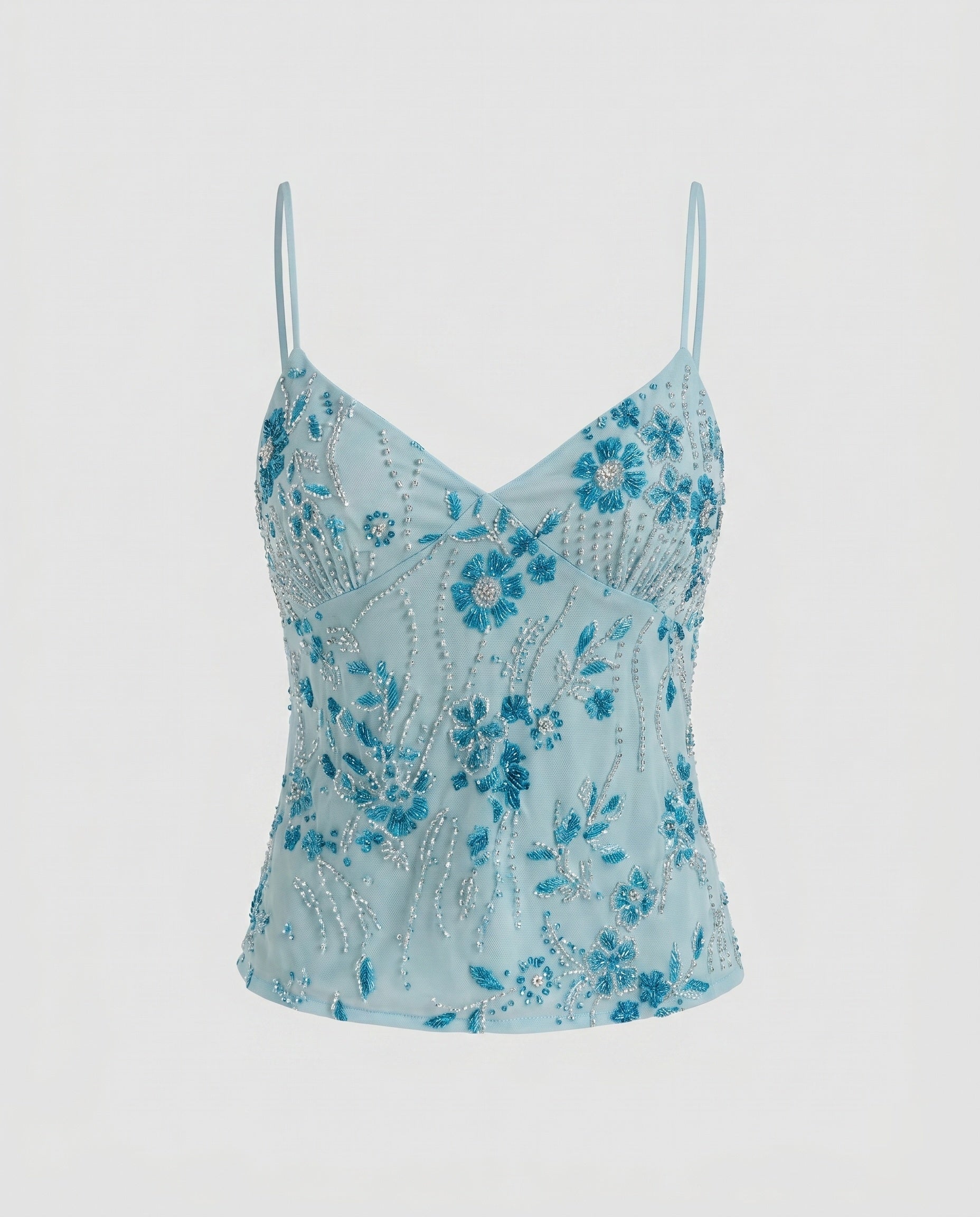 Women Elegant Lace Top with Floral Design and Shimmering Appliqués - Blue colorway