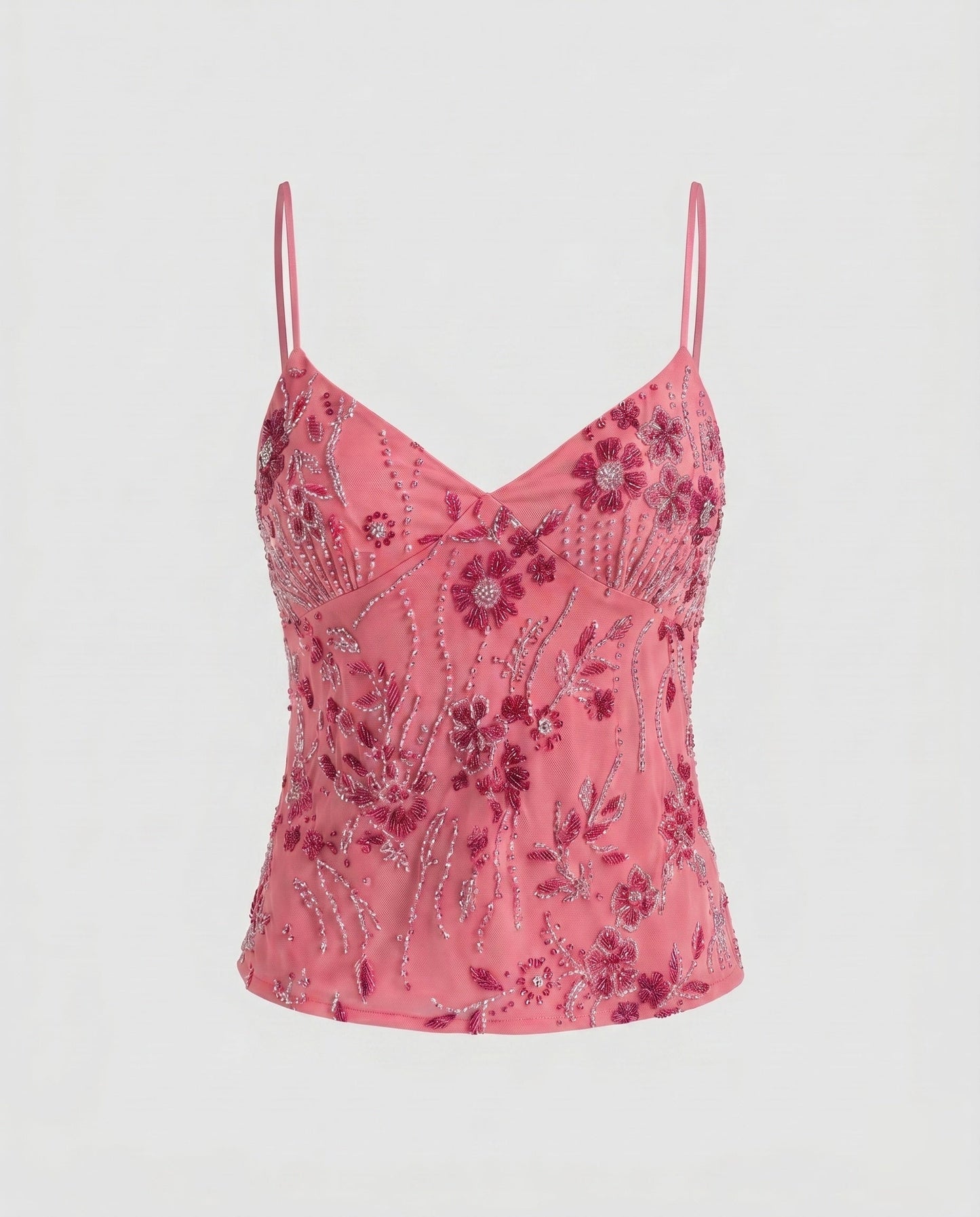 Women Elegant Lace Top with Floral Design and Shimmering Appliqués - Fuchsia colorway