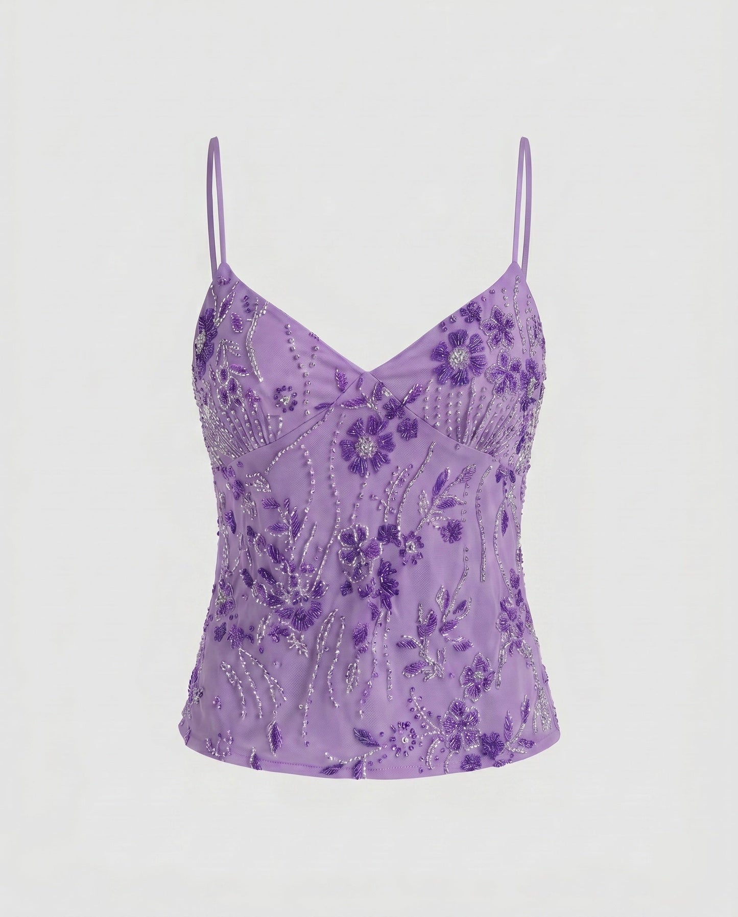 Women Elegant Lace Top with Floral Design and Shimmering Appliqués - Lilac colorway