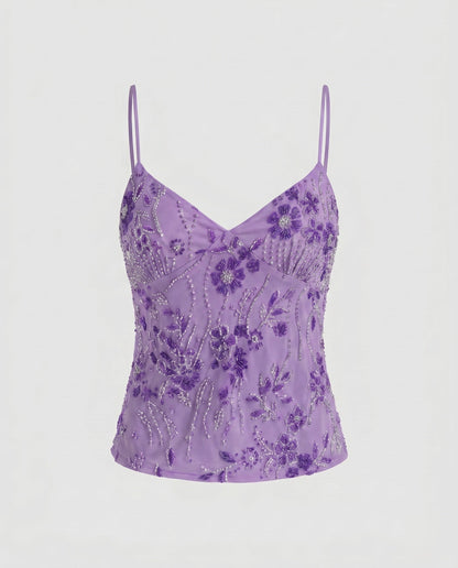Women Elegant Lace Top with Floral Design and Shimmering Appliqués - Lilac colorway