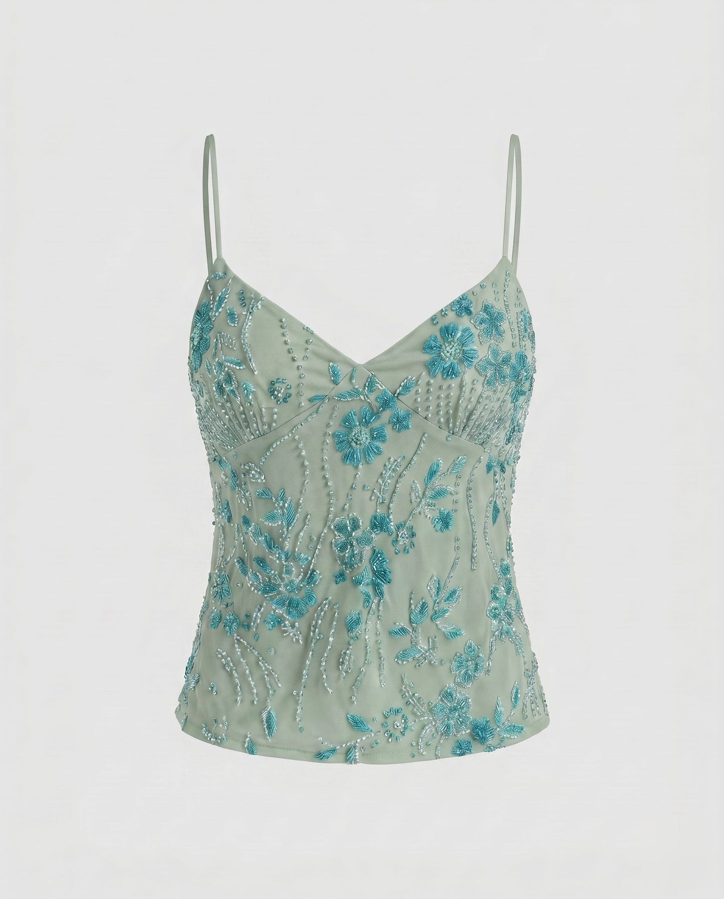 Women Elegant Lace Top with Floral Design and Shimmering Appliqués - Mint colorway
