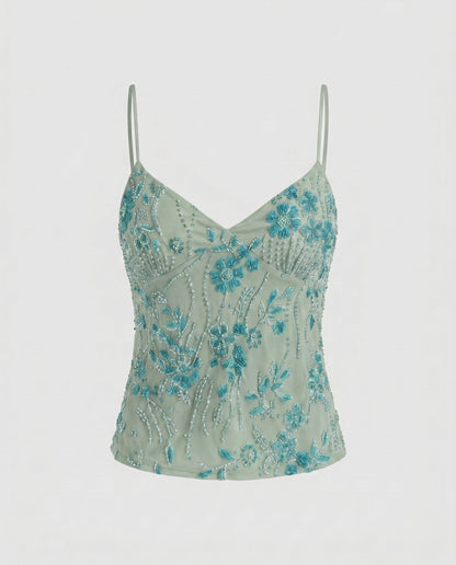 Women Elegant Lace Top with Floral Design and Shimmering Appliqués - Mint colorway