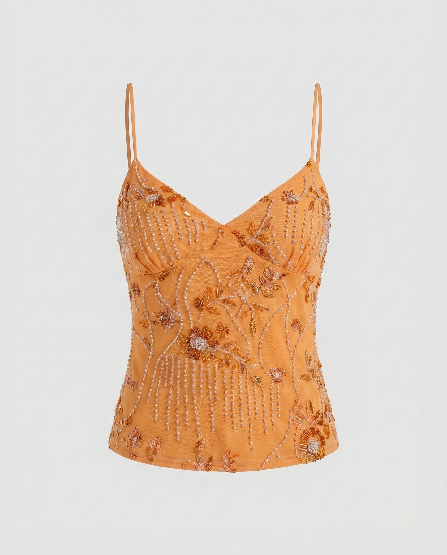 Women Elegant Lace Top with Floral Design and Shimmering Appliqués - Orange colorway