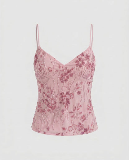 Women Elegant Lace Top with Floral Design and Shimmering Appliqués - Pink colorway