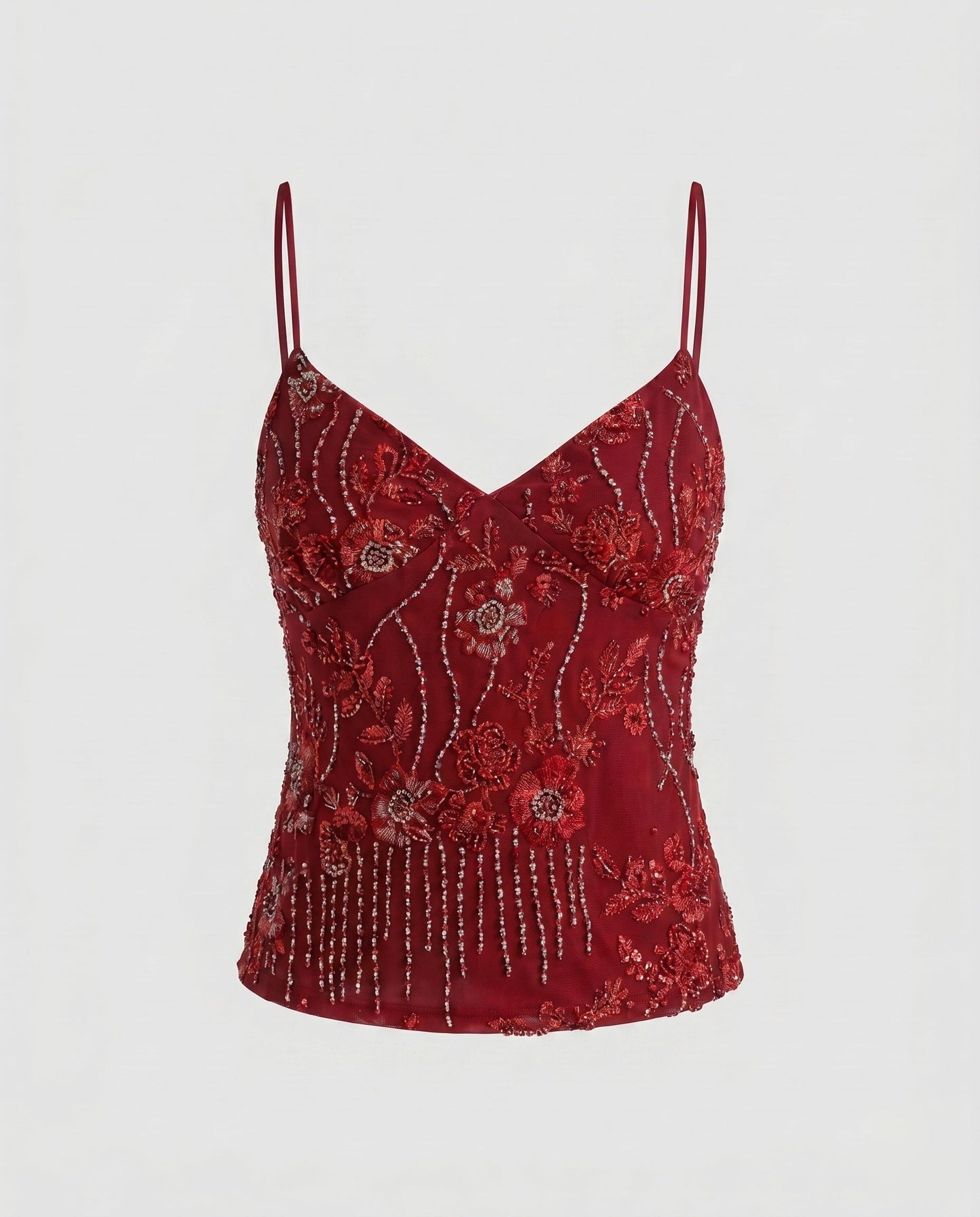 Women Elegant Lace Top with Floral Design and Shimmering Appliqués - Red colorway