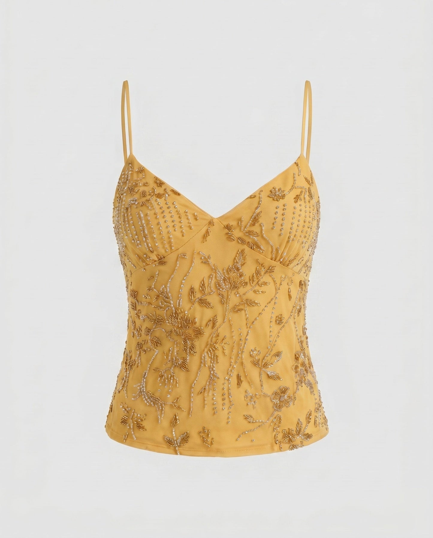 Women Elegant Lace Top with Floral Design and Shimmering Appliqués - Yellow colorway