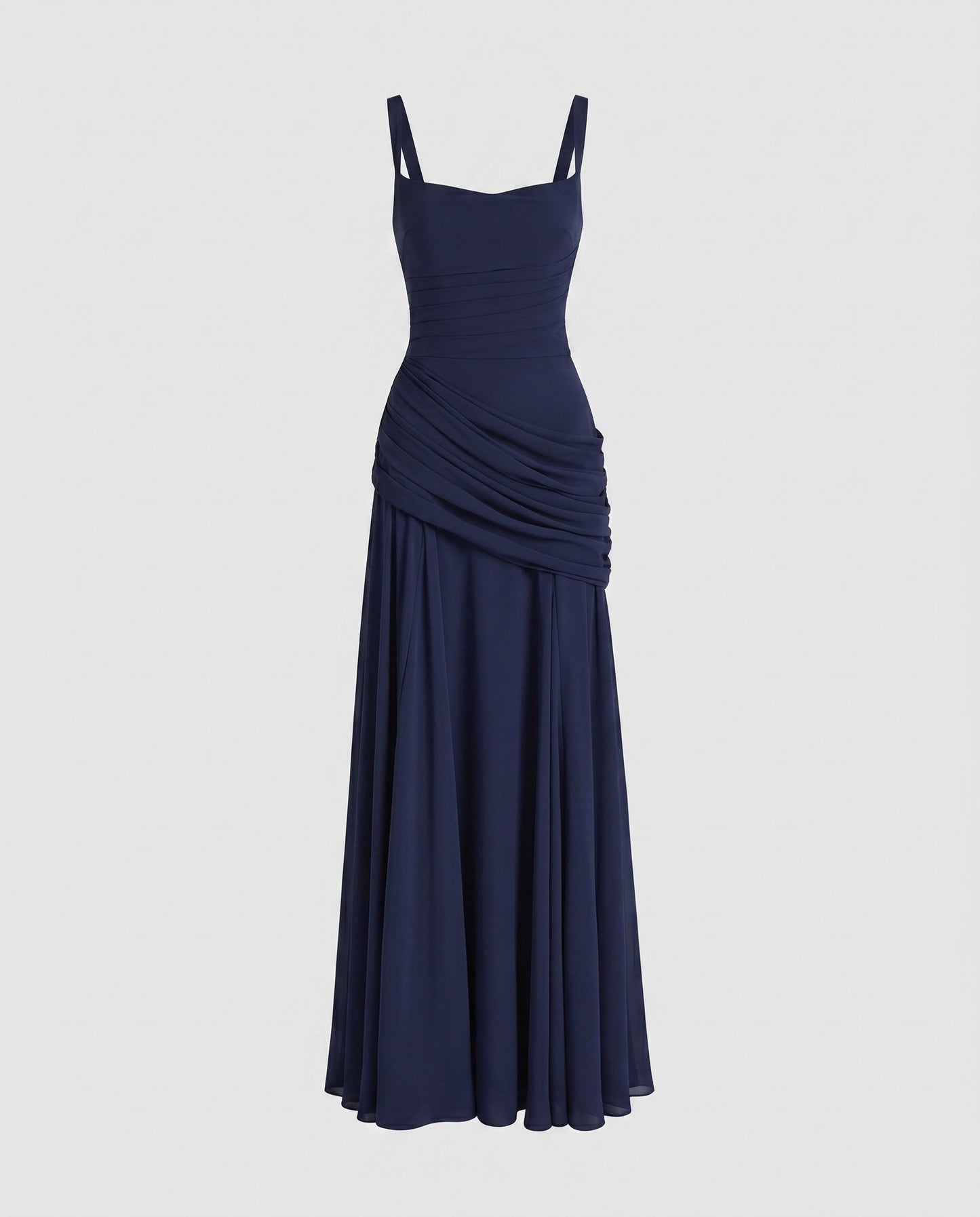 Women Elegant Long Cocktail Dress with Sophisticated Draping - Dark Blue colorway