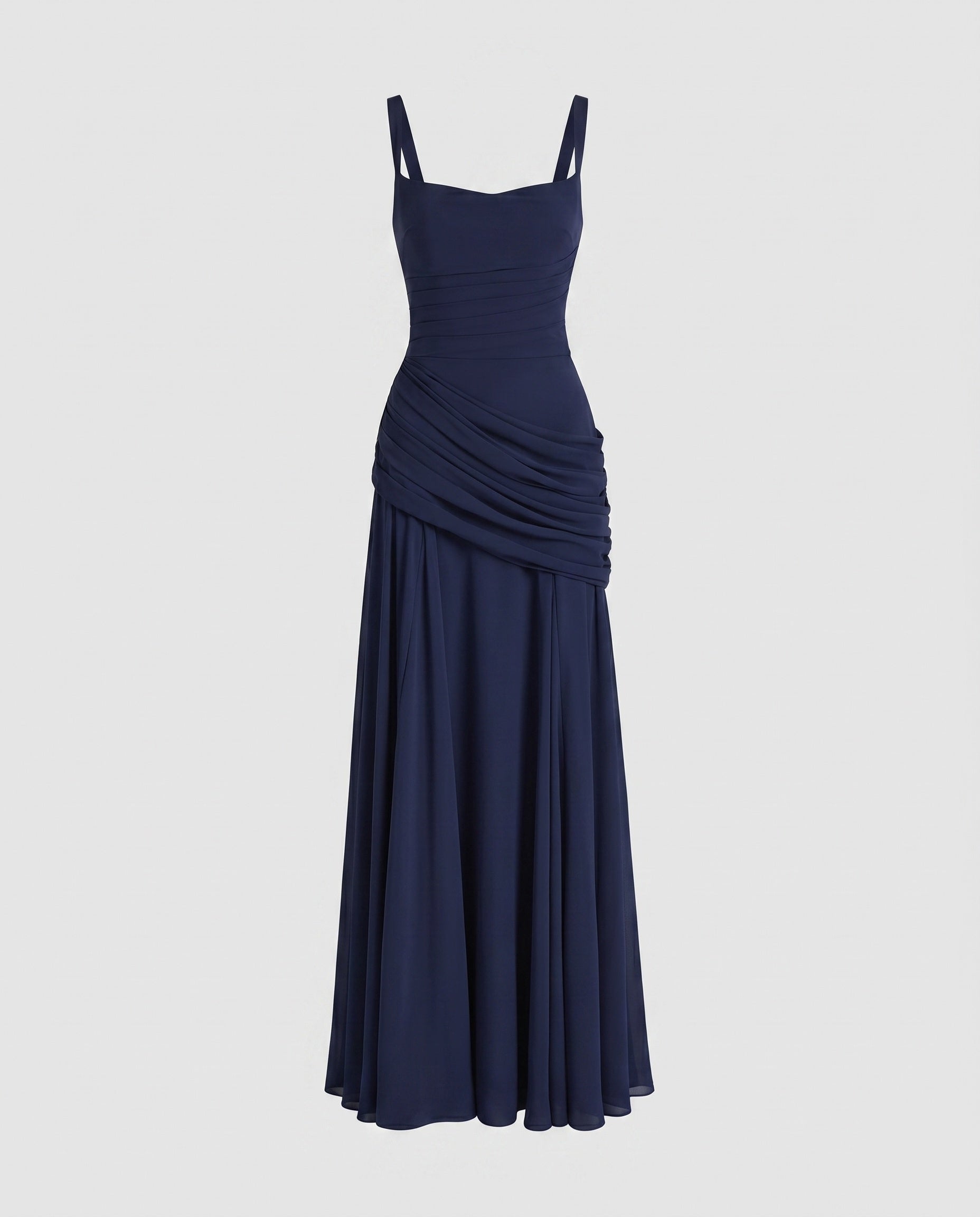 Women Elegant Long Cocktail Dress with Sophisticated Draping - Dark Blue colorway