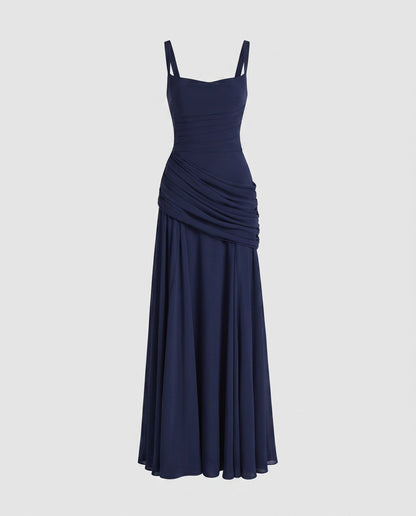 Women Elegant Long Cocktail Dress with Sophisticated Draping - Dark Blue colorway