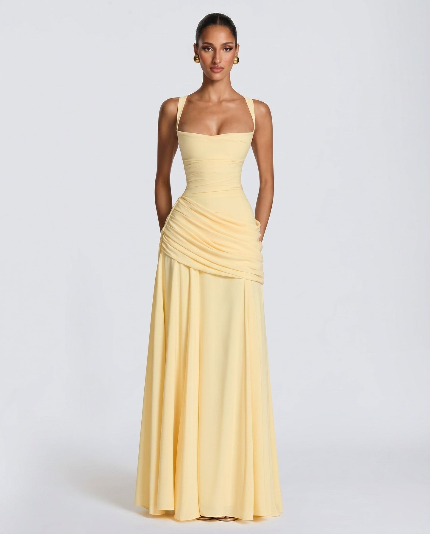Women Elegant Long Cocktail Dress with Sophisticated Draping - Light Yellow colorway