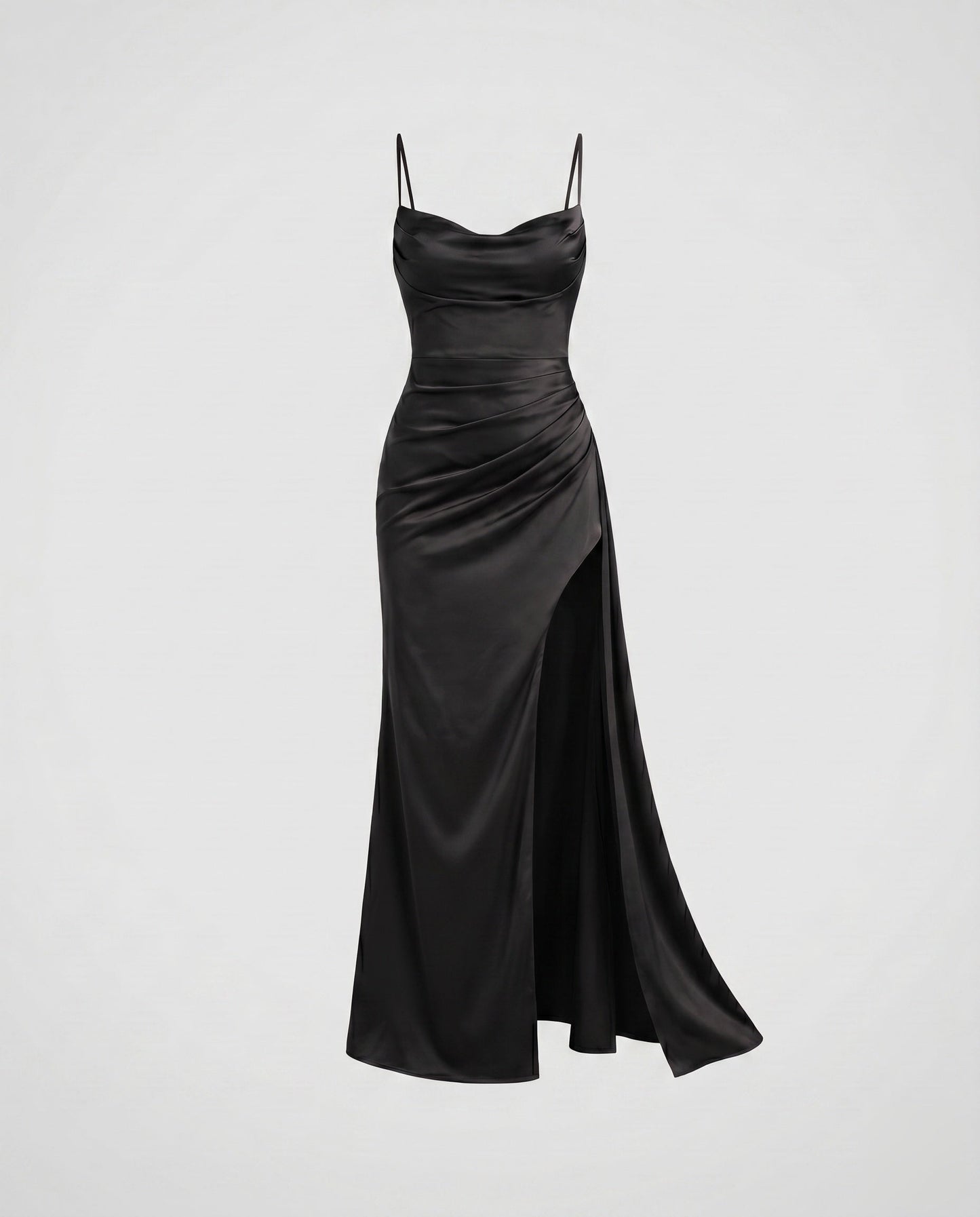 Women Elegant Maxi Dress with High Slit and Spaghetti Straps - Black colorway