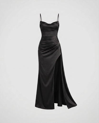 Women Elegant Maxi Dress with High Slit and Spaghetti Straps - Black colorway
