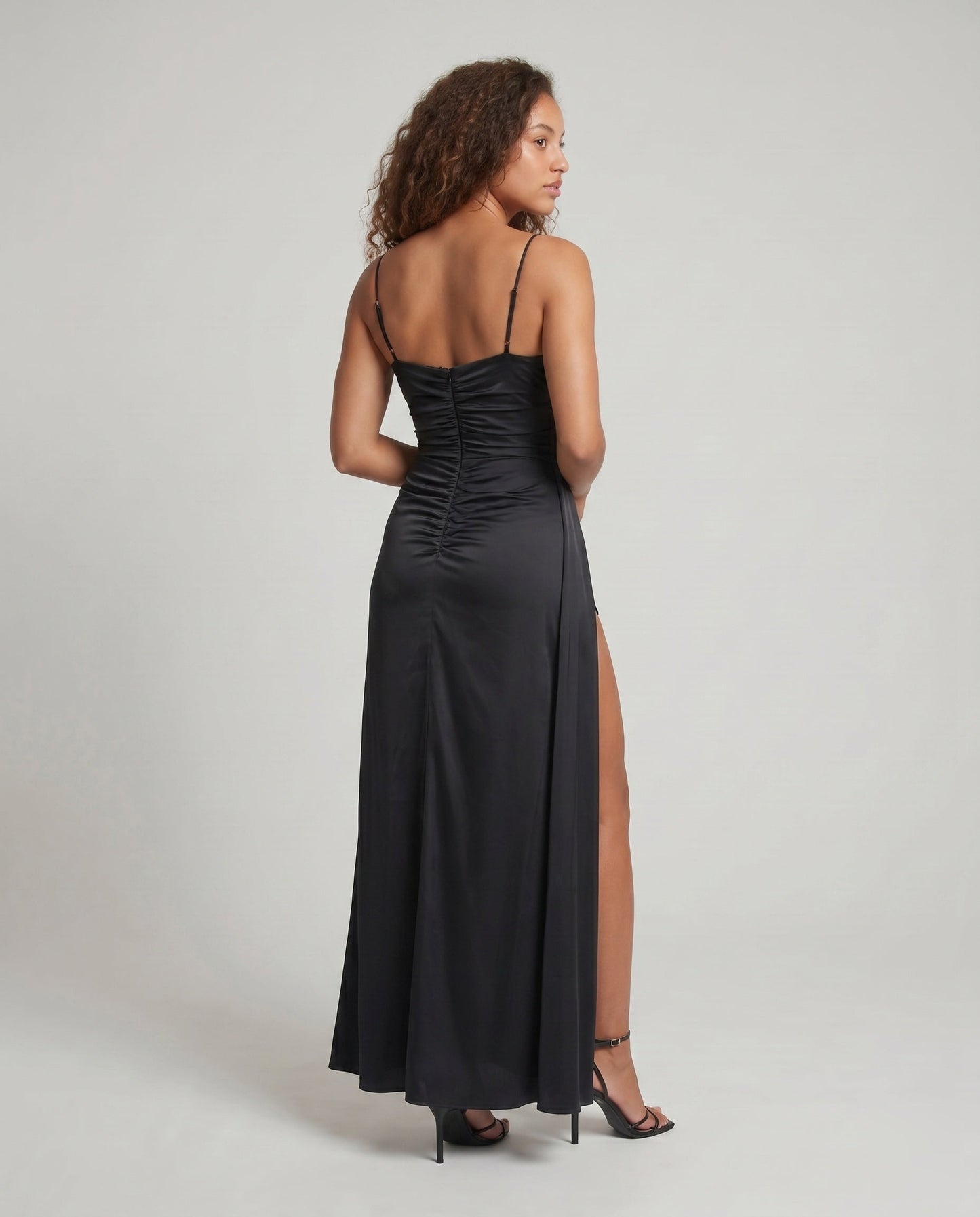Women Elegant Maxi Dress with High Slit and Spaghetti Straps - back view