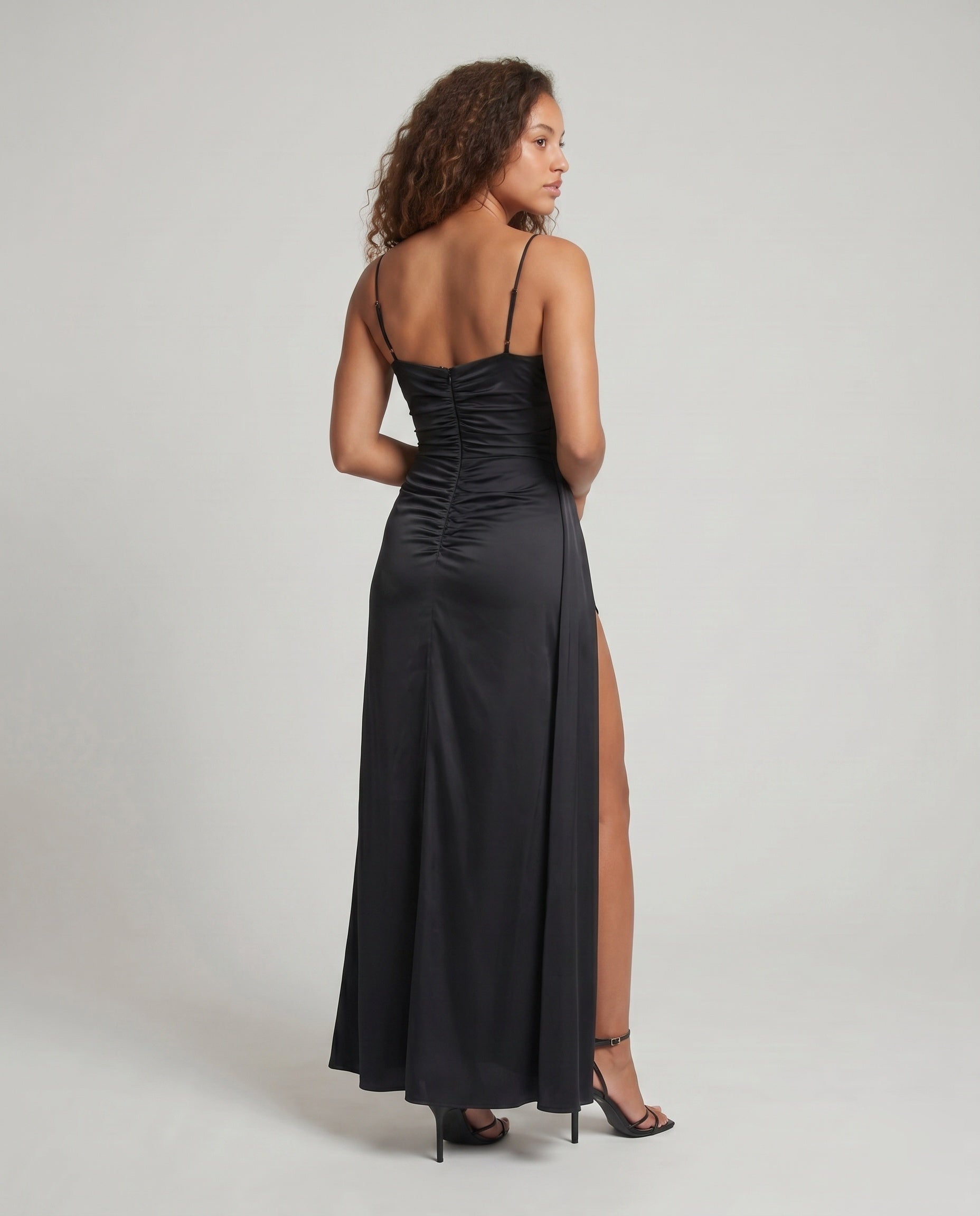 Women Elegant Maxi Dress with High Slit and Spaghetti Straps - back view