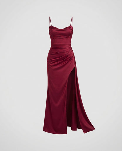 Women Elegant Maxi Dress with High Slit and Spaghetti Straps - Red colorway