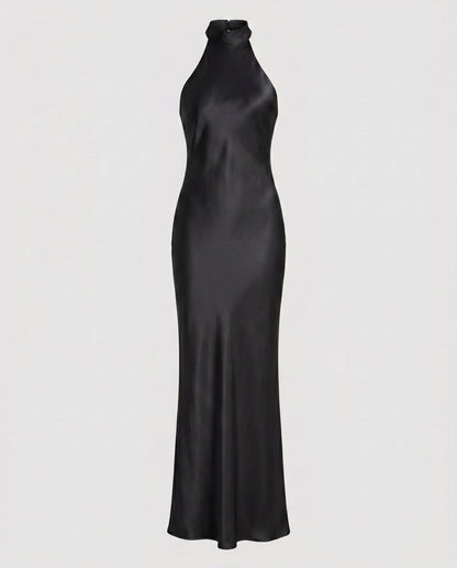 Women Elegant Maxi Dress with Shimmering Halter Design - Black colorway