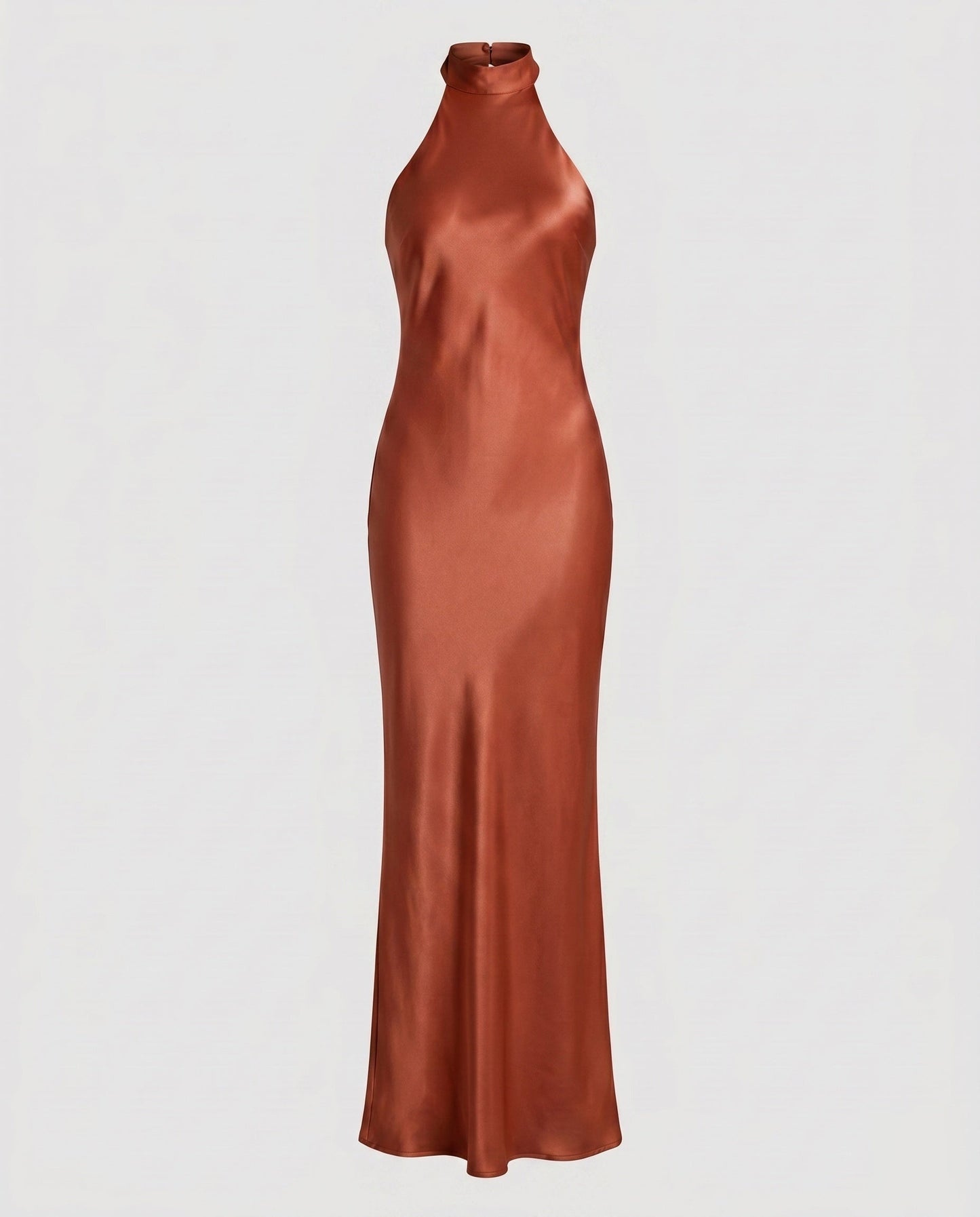 Women Elegant Maxi Dress with Shimmering Halter Design - Brick Red colorway
