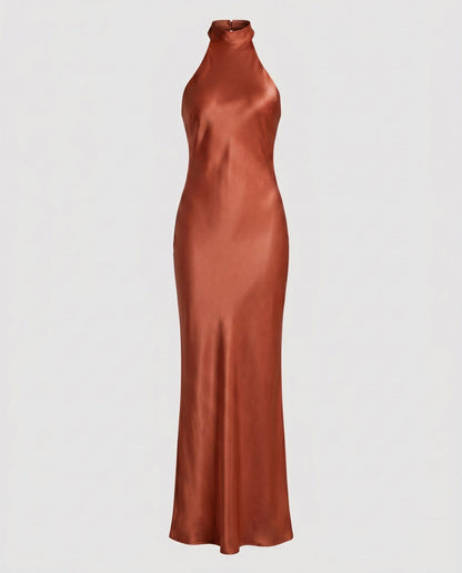 Women Elegant Maxi Dress with Shimmering Halter Design - Brick Red colorway