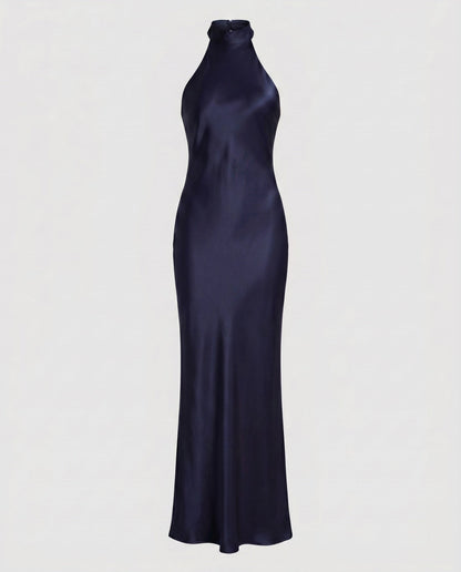 Women Elegant Maxi Dress with Shimmering Halter Design - Dark Blue colorway