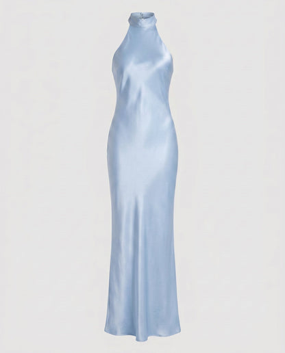 Women Elegant Maxi Dress with Shimmering Halter Design - Light Blue colorway