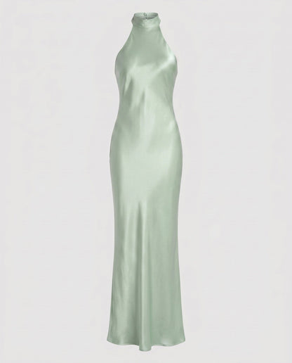 Women Elegant Maxi Dress with Shimmering Halter Design - Light Green colorway