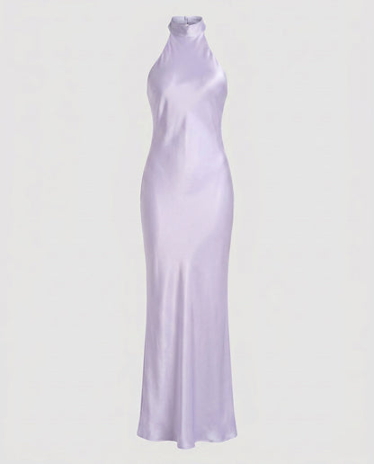 Women Elegant Maxi Dress with Shimmering Halter Design - Light Lilac colorway