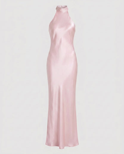 Women Elegant Maxi Dress with Shimmering Halter Design - Light Pink colorway