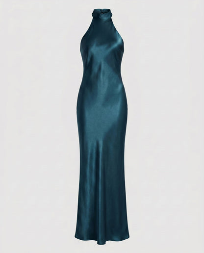 Women Elegant Maxi Dress with Shimmering Halter Design - Peacock Green colorway