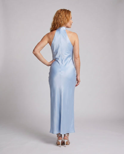 Women Elegant Maxi Dress with Shimmering Halter Design - back view