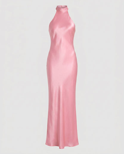 Women Elegant Maxi Dress with Shimmering Halter Design - Pink colorway