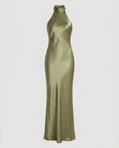 Women Elegant Maxi Dress with Shimmering Halter Design - Sea Green colorway