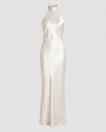 Women Elegant Maxi Dress with Shimmering Halter Design - White colorway