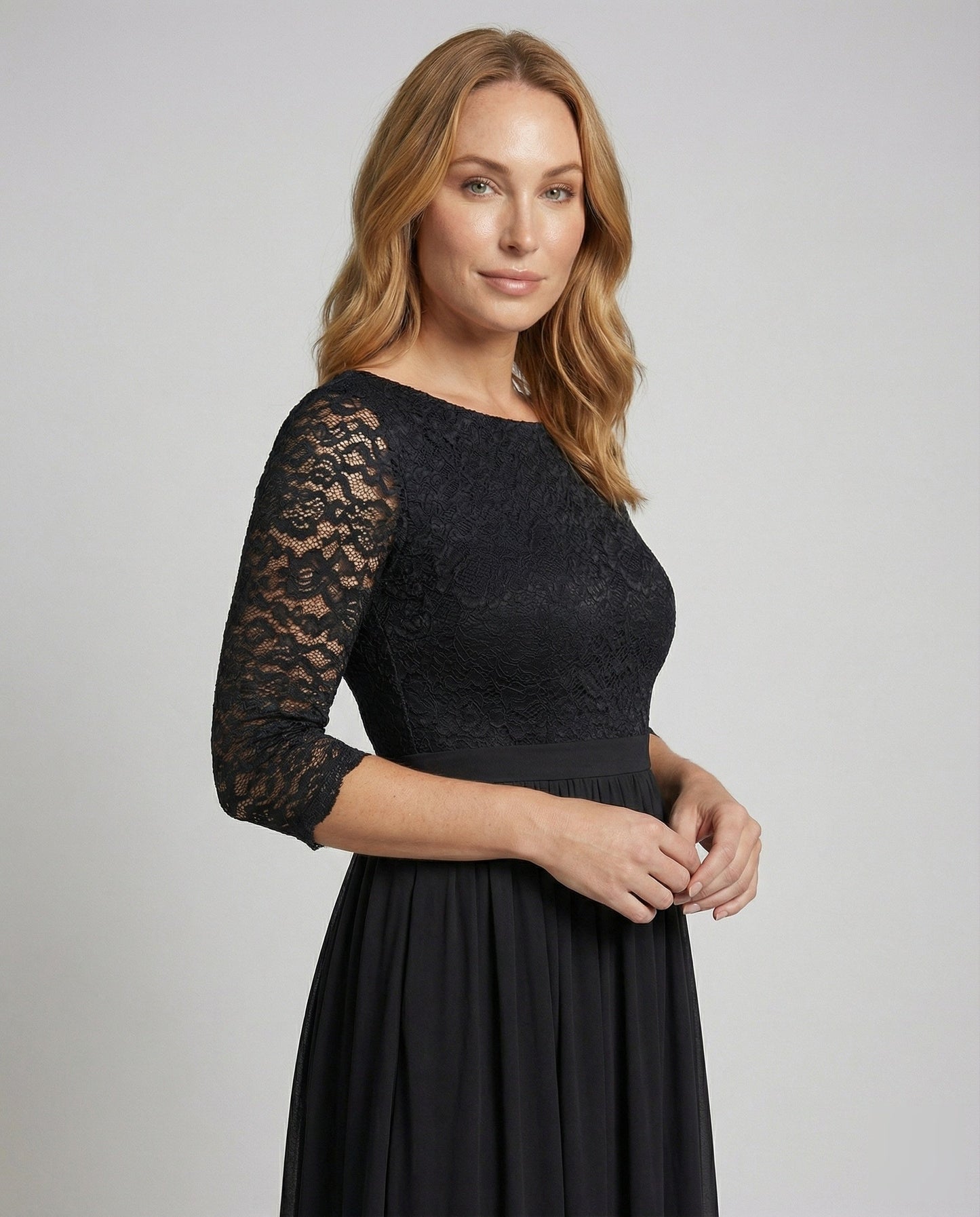 Women Elegant Off-Shoulder Lace Evening Dress - upper body detail
