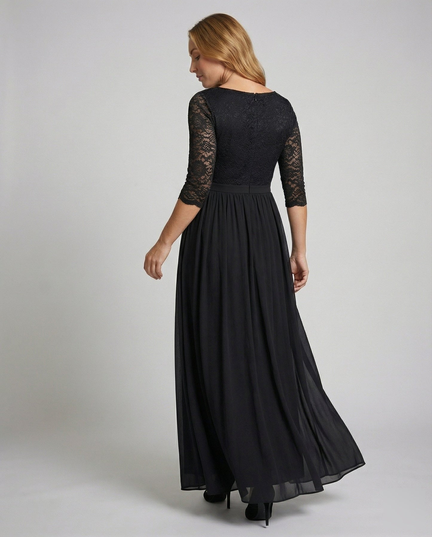 Women Elegant Off-Shoulder Lace Evening Dress - back view