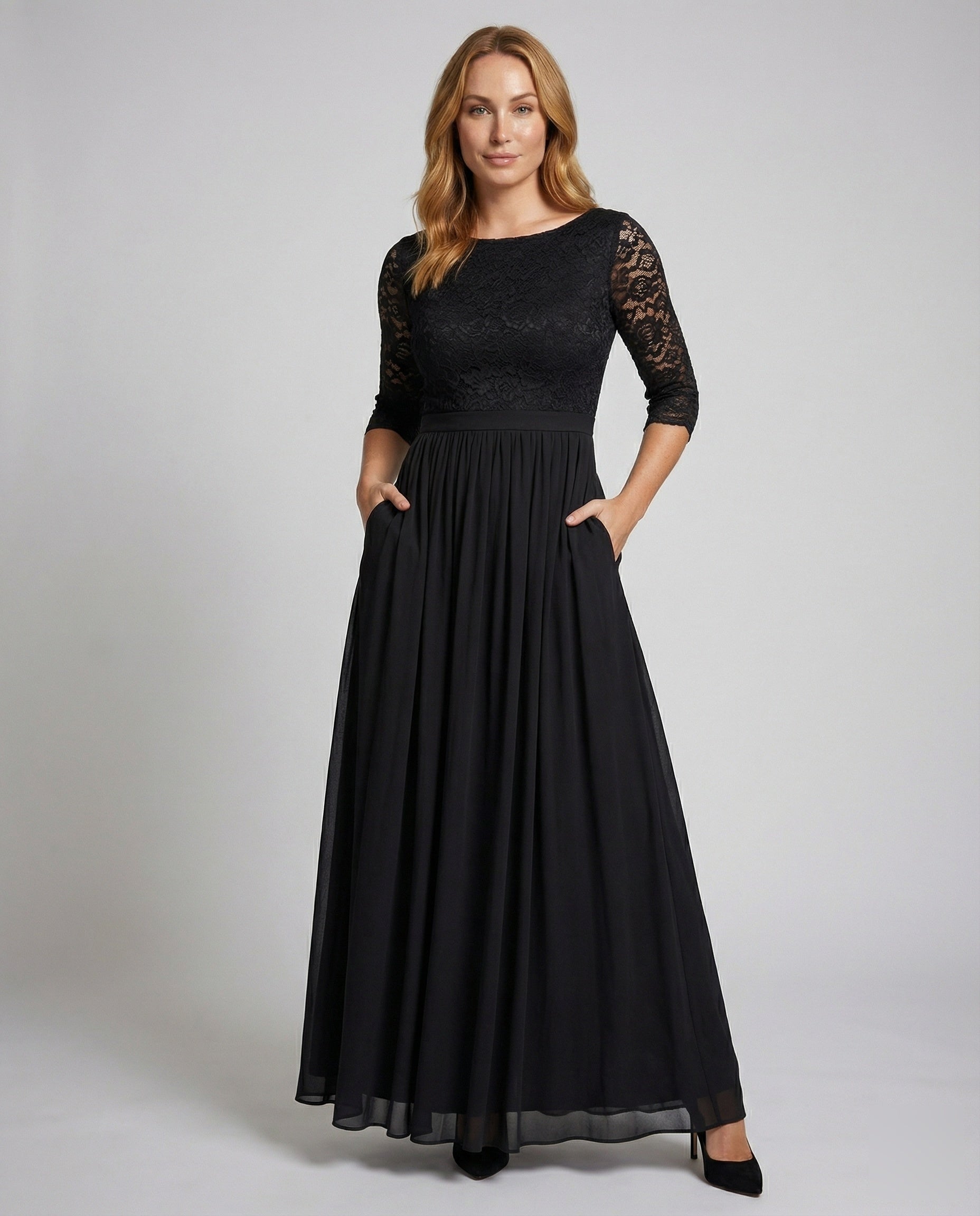Women Elegant Off-Shoulder Lace Evening Dress - front view