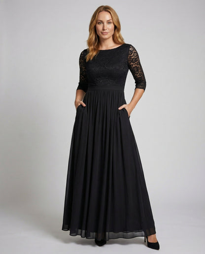 Women Elegant Off-Shoulder Lace Evening Dress - front view