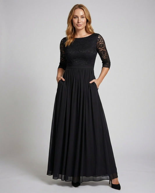 Women Elegant Off-Shoulder Lace Evening Dress - front view