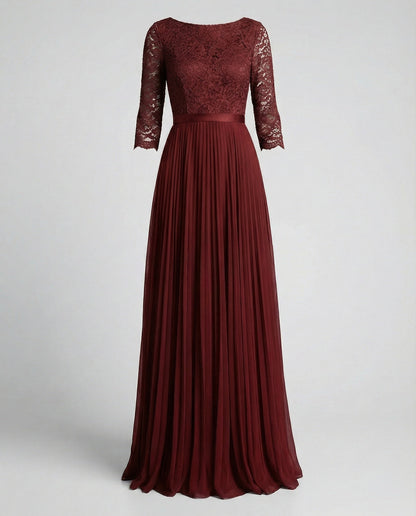 Women Elegant Off-Shoulder Lace Evening Dress - Wine Red colorway