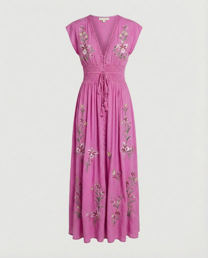 Women Embroidered Beach Maxi Dress - Magenta colorway