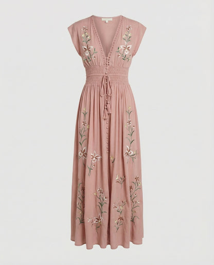 Women Embroidered Beach Maxi Dress - Pink colorway