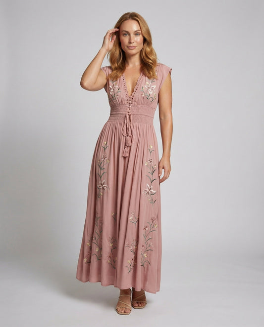 Women Embroidered Beach Maxi Dress - front view