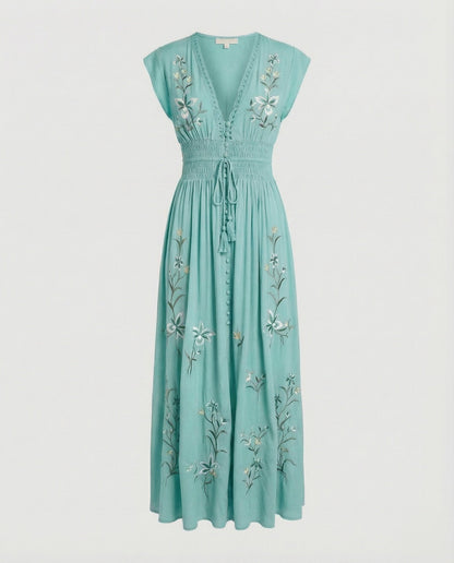 Women Embroidered Beach Maxi Dress - Sky Blue colorway