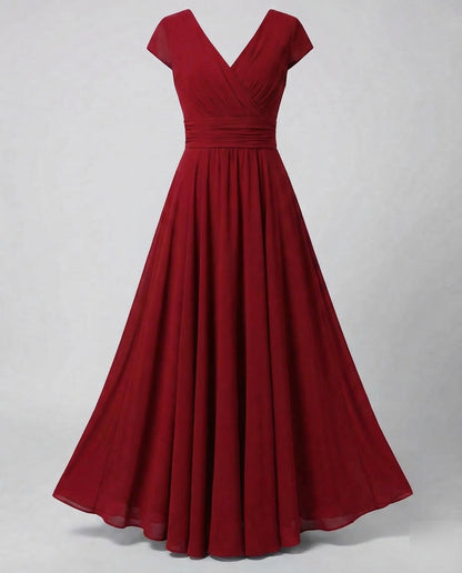 Women Evening Maxi Dress Pleated Swing Skirt - Red colorway