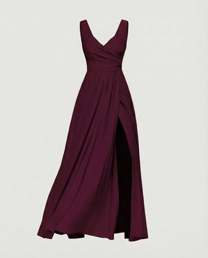 Women Exquisite Thigh-Slit Evening Dress - Wine Red colorway