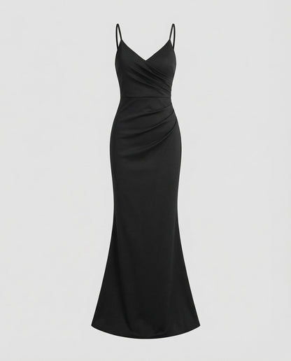 Women Figure-Hugging Mermaid Cut Mixed Fabric Evening Dress - Black colorway